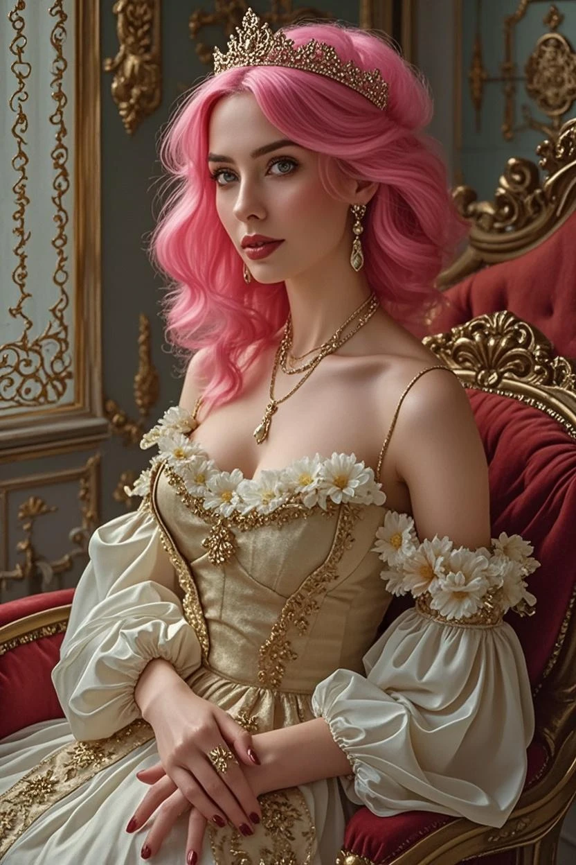 (1960s \(style\)), pin-up style, thin woman in a tight-laced ornate corset, huge hanging breasts spilling over the top, skindentation, ornate filigree, perfectly styled hairdo, blue hair, parted red lips, juicy lipstick, ruffled panties, long legs, stockings, soft lighting, beautiful rich bedroom, hyper realism, 8k,