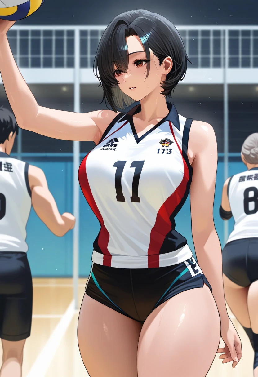 A woman wearing red shorts and a black shirt throwing a volleyball, Wearing a volleyball jersey, marin kitagawa, For whom?, mamimi samejima, Nishimiya Shoko, Low angle shot from behind, Masami Suda, Zhou Meiling, It's bittersweet, Kazami Yuuka, Over the shoulder shot, mao hamaguchi