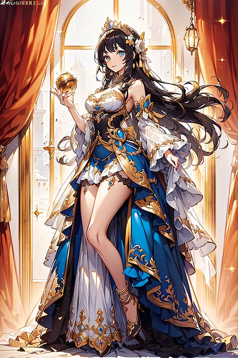 ultra-detailed, extremely detailed,((anime artstyle)),Masterpiece,(Best Quality),(Super Detail),(Very Delicate and Beautiful),((Solo)),((full body)),full body,((detailed face and eyes)),perfect eyes, rendered eyes,jewel-like beautiful eyes,((1 princess in beautiful embroidery and jeweled gorgeous rococo ballgown with frilled voluminous full length hoop skirt)),((Crinoline)),beautiful embroidery and jeweled gorgeous rococo ballgown with frilled voluminous full length hoop skirt,(large amount of straight hair,extremely voluminous Very Long straight Hair,Absolutely Long Straight Hair),sparkly skin,((very gigantic boobs)),Bursting breasts,cleavage,(fantasy castle,outdoors,outside the castle),long_gloves,extremely gorgeousfull jeweled hair ornament,(bling-bling extremely gorgeousfull jeweled tiara),(luxurious jewelry),full body,beautiful embroidery and jeweled gorgeous rococo ballgown with frilled voluminous full length hoop skirt