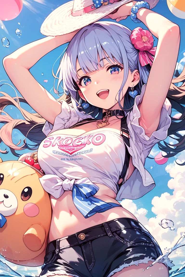 Blue haired teen anime catgirl in denim short shorts, a crop top, and thong strings peaking above her waistline being approached by a giant muscular wolfman smirking and licking his fangs
