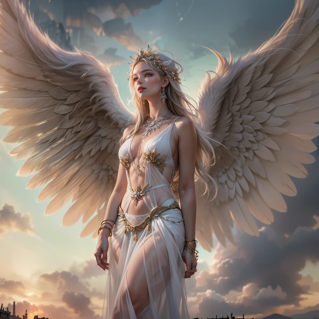 (Best Quality), (ultra-detailliert), (masuter piece), (hight resolution), (Original), (the Extremely Detailed CG Unity 8K Wallpapers), (Best Quality), (ultra-detailliert), (masuter piece), (hight resolution), (Original), (the Extremely Detailed CG Unity 8K Wallpapers), depth of field, bokeh, sharp focus, 1 woman, attractive young female model, beautiful, 20 years young, perfect face, ((bright eyes)), slim body, knik hips, tanned skin, flawless skin, light blue eyes, detailed eyes, blond hair, very long hair, luscious lips, sassy smile, long and fitted dress, cashmere wool dress, white wool dress, skintight dress, plunging back, long sleeves, wide golden hip belt with gold buckle, Belt is adjusted too tight, belt cuts deep into waist, beautiful and detailed jewelry,, ((huge angel wings, wings extend outside of the picture, wings are outstretched)), outside, floating mid air, on a deep dark night, night sky in background, floating mid-air, soft light, hands on hips, close up portrait