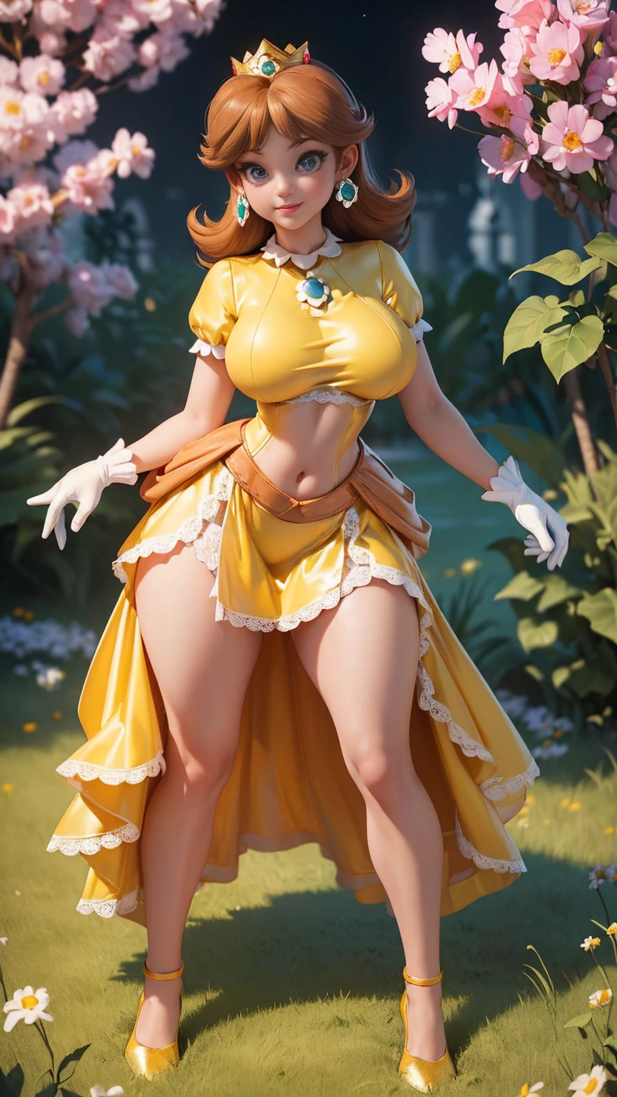 (best quality), (masterpiece), 1 girl, early 20's, huge heavy breasts, busty, perky breasts, thick, thick lips, wide hips, thin waist, princess daisy, blue eyes, brown hair, gold crown, yellow dress, skirt, white gloves