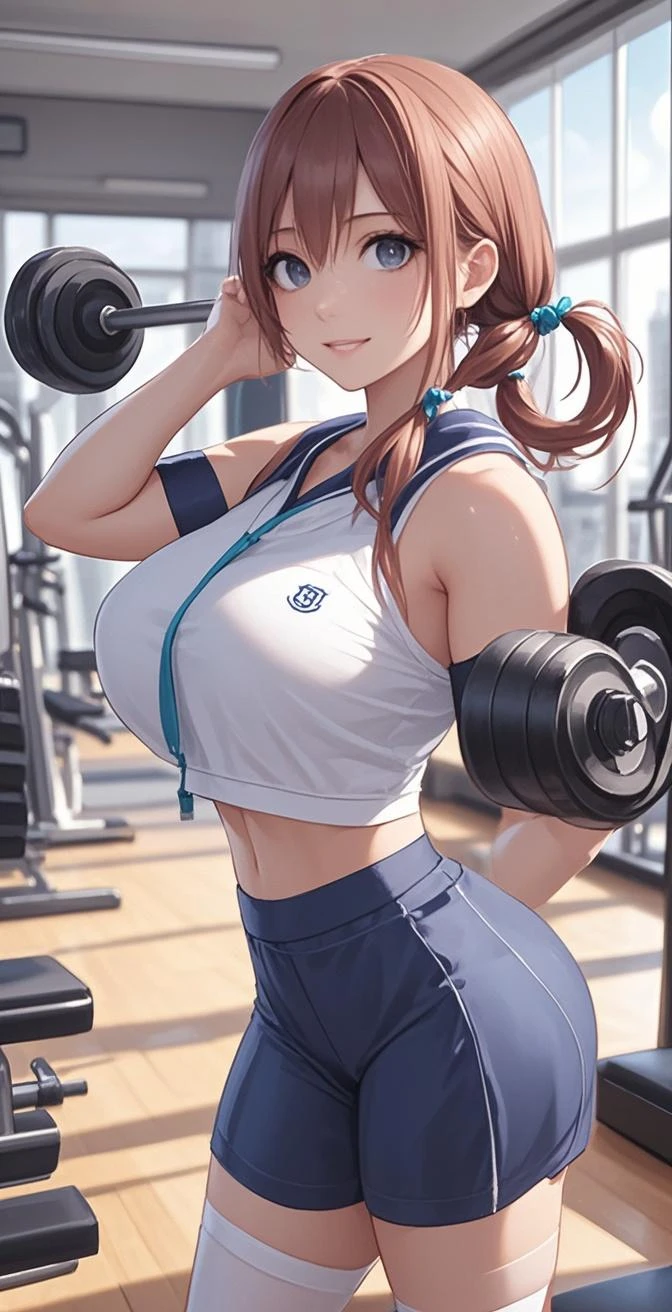 8k,best quality,masterpiece,extremely detailed,nsfw,1girl,(big breasts:1.4),cleavage,(tanktop:1.3),(hot pants:1.3),medium hair, brown hair,seducing face,sweat on breasts,crossed arms,((gym)), abs, green glowing eyes