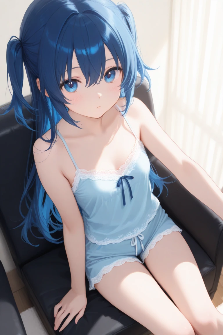 . She has M-shaped legs and shows off her