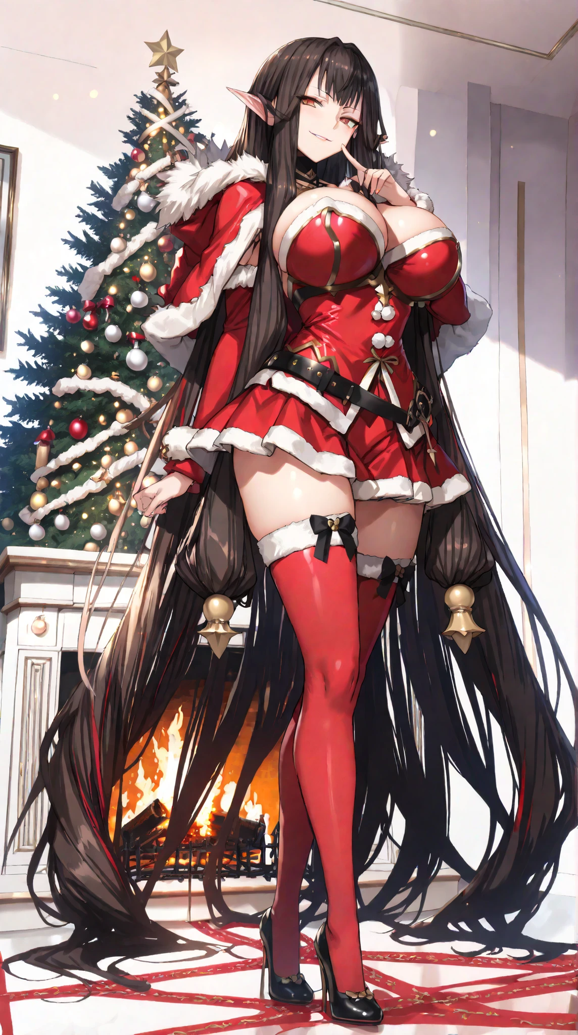 sksbrooke person, sksbrooke, (masterpiece:1.2), (best quality:1.2), perfect eyes, perfect face, 1girl, solo, brown eyes, (medium breasts), perky breasts, seductive look, santa outfit with santa hat and thigh high red boots, nighttime snow village with christmas tree lit in the background, standing, leaning_foreward