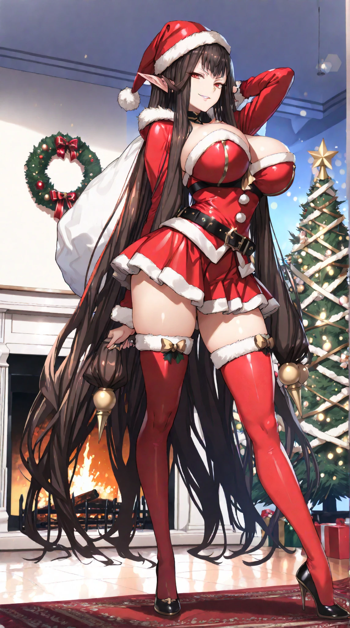masterpiece, best quality, 1 solo girl, black hair, purple eyes, long hair, wavy hair, ponytails, Christmas ornaments, medium breasts, mature body and face, red santa dress, christmas, christmas light, christmas tree, red gloves, red santa skirt, holding gift, red bra, red panty, leg up, cowboy shots, sexy pose, dakimakura, ultra-detailed body, face, and eyes, sharp focus, vibrant, creative, dynamic, high definition, high resolution, 8k, (Upscale: R-ESRGAN 4x+ Anime6B), (Image enchance:4x), voluptuous body