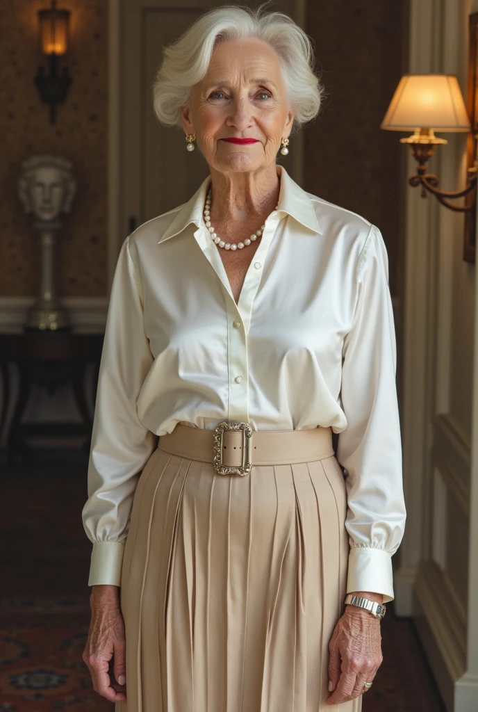A low-angle close-up scene of a tall very busty older woman sitting next to a bed in a dark bedroom, wearing an ivory satin pussybow blouse with long extremely billowy lantern sleeves, and wearing a dark pencil skirt, backlit in silhouette by the light in the hallway behind her.