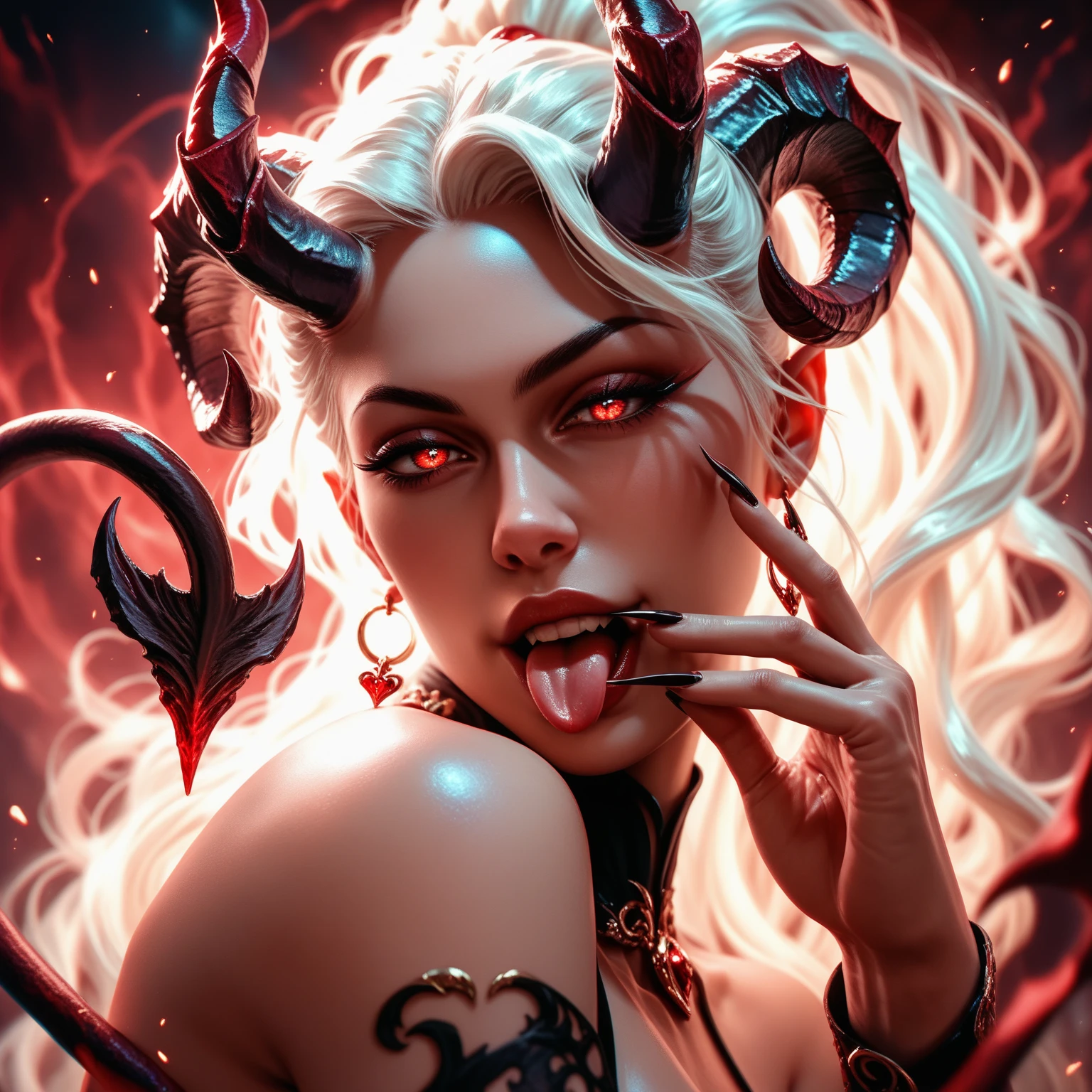 A cinematic shot of a dark fantasy portrait of a seductive succubus named Lady Venus. She has striking white hair that fades to black at the ends and adorns her forehead. Wings with a vibrant red center frame both sides of her head. Her unique eyes, draw the viewer in. The background showcases a dark, gothic architecture. The overall composition is illuminated by dramatic lighting. This portrait is a masterful combination of photography, 3D render, and artistic elements.