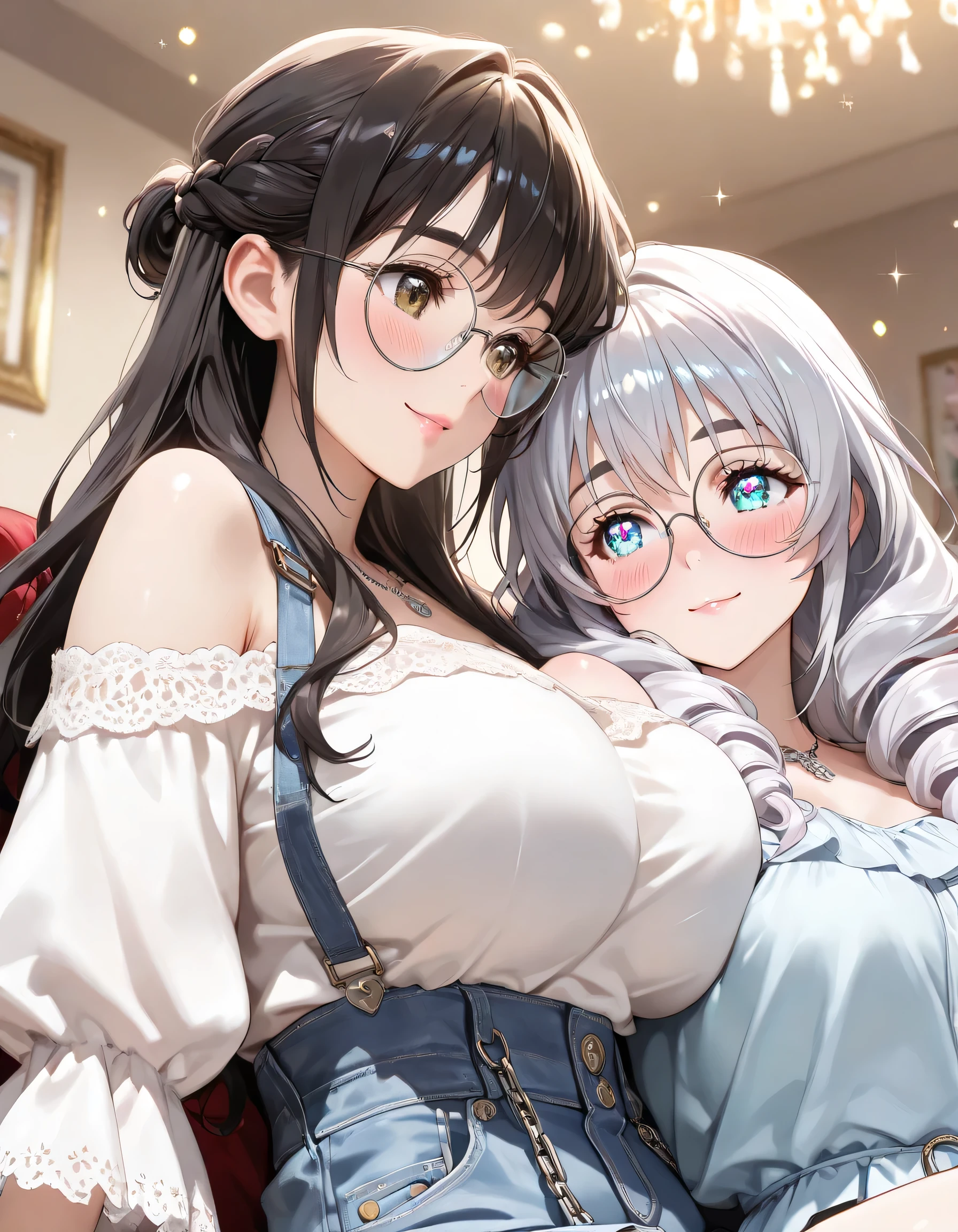 (8k,Super details,best masterpiece,nature,perfect work of art,perfect female figure),two women,sister and sister,sisters,Rainbow hair,perfect face,(huge),Neighbor's Wife,woman hairstyle,elegant wife,mature and exposed,20 years old,fair skin,messy hair,Perfect sexy body,Wear a fitted and sexy tunic dress,Red lace white bottom strapless short dress,Hot and sexy secretary,wear glasses,Standing in a spacious conference room,Papers scattered on the ground,Detail background,necklace,perfect eyes,, T-shaped small size,huge的山雀