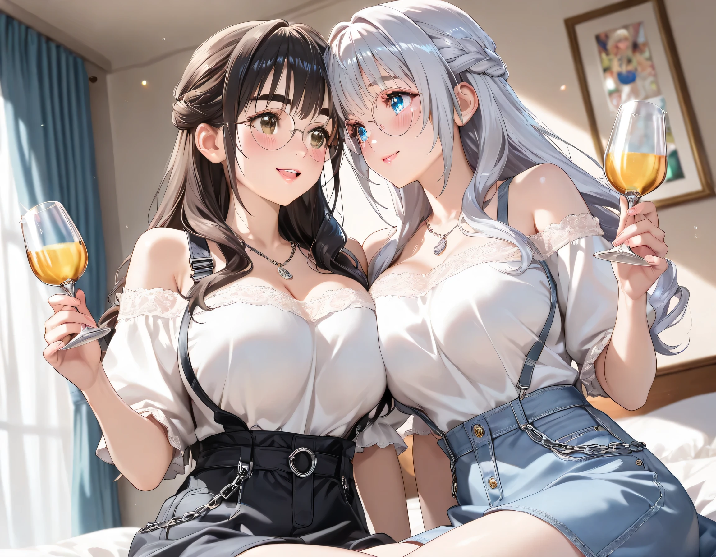 (Masterpiece, realistic, high resolution), (2 girl): 1.2), Korean, ((white wavy hair): 1.3), (heterochromic eyes: 1.1, thick eyebrows, small moles under the eyes), (loose white shirt, red sports shorts), ((huge breasts): 1.2, thighs), on water, cleavage,