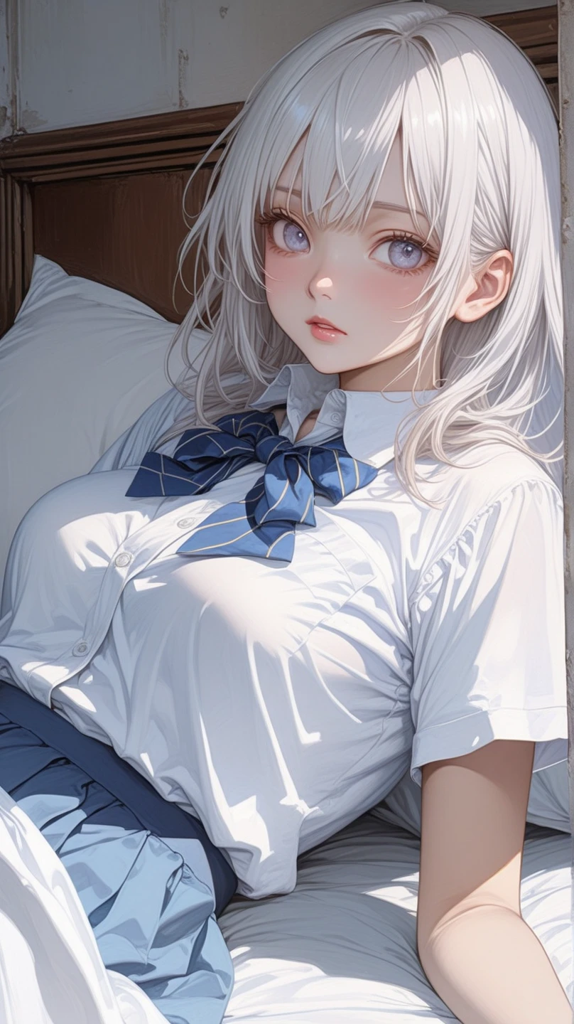 (masterpiece: 1.3), (Maximum resolution: 1.2), (Ultra HDTV: 1.2), Cinematic Light, 8k resolution, Detailed facial features , (Sharp focus: 1.2), (Focus on the face:1.2),Perfect Style, Beautiful Face, Acura, Anatomically correct, Highly detailed face and skin texture, Beautiful Eyes,Beautiful Eyes, Thin eyebrows, Glitter Eyeliner: 1 natural cheeks, Glowing Skin, Fair skin: 1.2, (Glossy lips: 1.4),、 (Embarrassed look: 1.2),Highly detailed face and skin texture, natural cheeks, , Glossy lips: 1.4,Perfect Style、Exposed cleavage、(White mucus on chest:1.4)(white mucus on thighs:1.2)、 blush、humiliated look、look of impatience、A look of humiliation、embarrassed expression、open your knees、Spread your legs、 White underwear、White bra、Sparkling small earrings and rosary、disheveled clothes、Exposed panties、sweating、thin underwear、Wet underwear、stockings、18-year-old, A neat and clean woman,1 person、 Upward-facing chest, Old bedroom、On the bed、(On my back, ベッドにLying down, ベッドにLying downいる, Lying down, White sheets:1.3)、Black Hair、blonde、Silver Hair、Blue Ash Eyes、green ash eye,(high school girl uniform:1.4)、masturbation behavior、Blowjob、