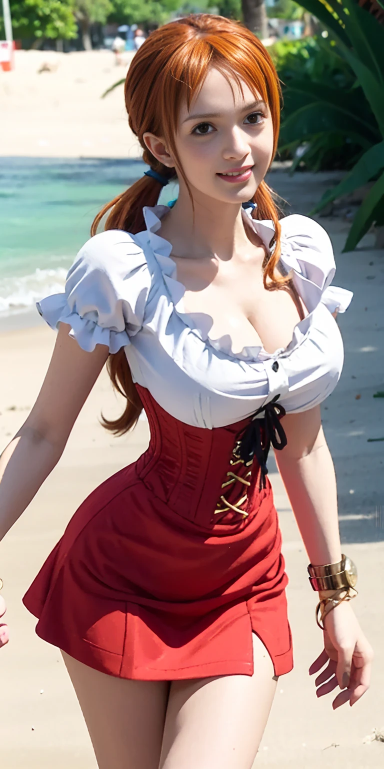 Anna Semenovich. Pelo rojo. cabello largo y rizado. gargantilla. small breasts. caderas gigantescas. loli. arco. vestido de novia de flores. Botas hasta el muslo