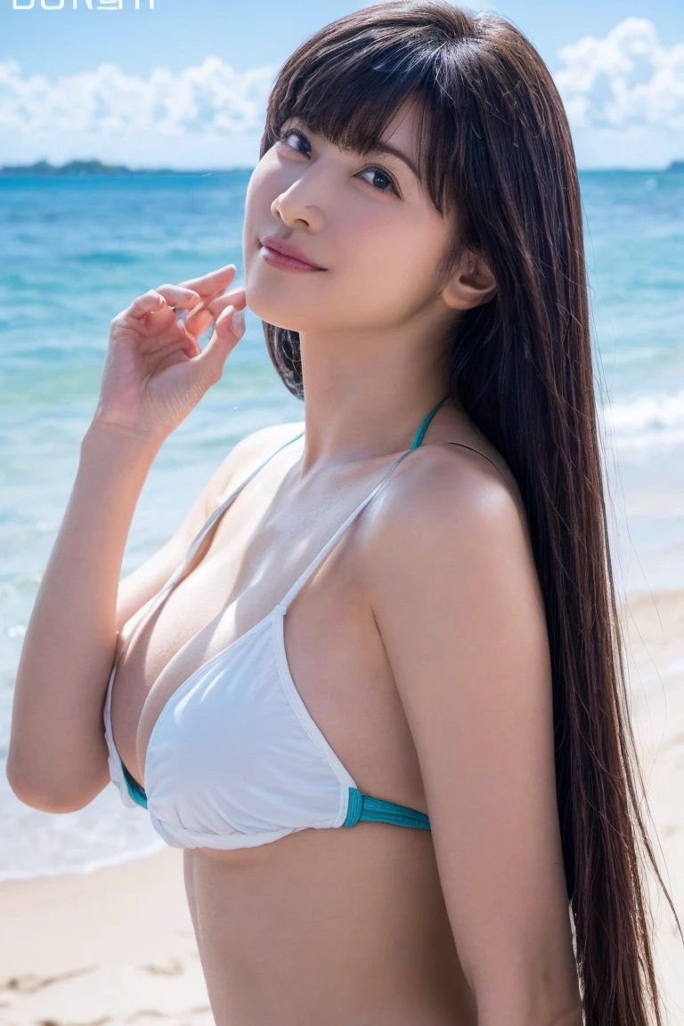 ((Extremely precise and accurate anatomy)), (masterpiece:1.43), Perfect balance, Realistic photos, Shrapnel:1.22、One in his 20s、young woman、Very realistic、High resolution photos、Wavy, Shoulder-length chestnut hair、Grace from the shoulders down、The eyes are a striking green with gold flecks.、Natural arched eyebrows、The skin is white and smooth、naturals, Healthy shine、Straight and white teeth、A micro bikini made from soft and lightweight fabric for a snug fit.、Sunlit beach in the evening、The sea swaying in the wind、Clear deep blue sky with white clouds、The sunlight is warm and golden、Natural highlights and shadows that accentuate facial features and clothing textureakeup is minimal and naturals、Light Foundation、A faint blush、Subtle eyeliner、A little mascara々、Soft pink lip color、Mr.々pose、Make different facial expressions、Wavy hair、A sense of movement and vitality、(((Shallow depth of field effect)))、Image focus、The atmosphere is warm、The energy of joy、Natural Beauty, big breast size, detailed face.