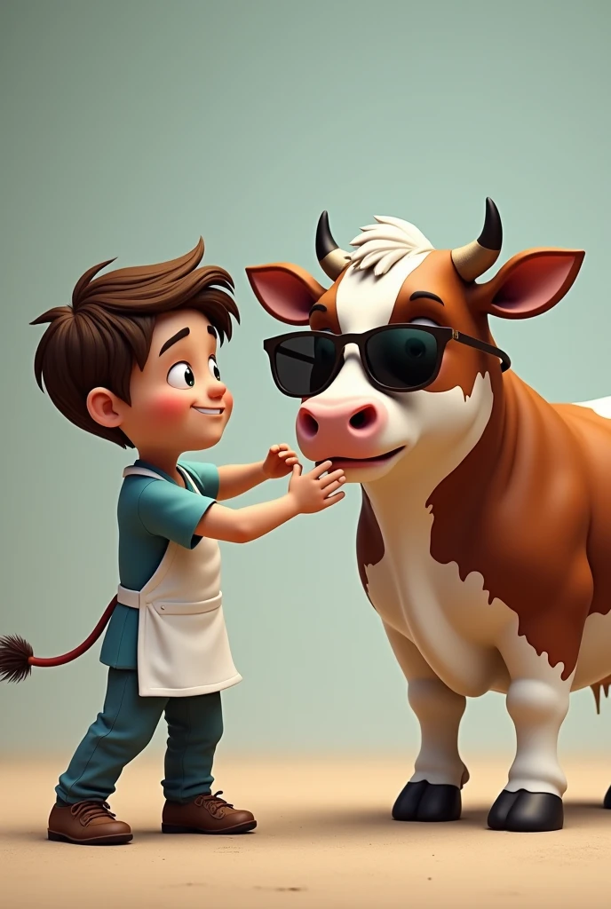 Make a brown cow in a red dress by cutting a boy's bangs with scissors and he is hornless and crying