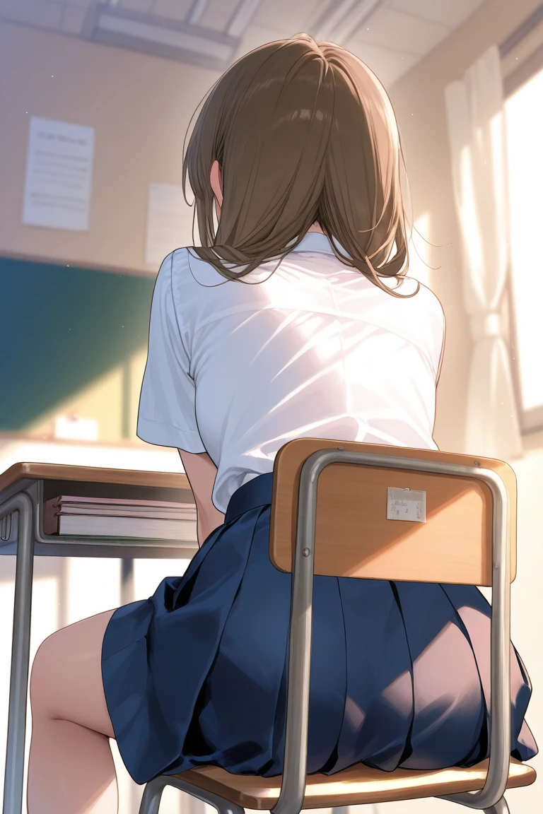 photorealistic, (hyperrealistic:1.2), beautiful, masterpiece, best quality, extremely detailed face, perfect lighting, full body, large breasts, wide hips, thick thighs, (plump:0.7),detailed hands and fingers, scenery, school, classroom, from behind, sitting, sitting on school chair, school uniform, skirt, pov, pov male, pov visible body, pov hands, skin tight,