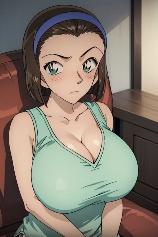 looking at the camera、When I Look at You、lookatviewer、Anime Style、Eroge、1 Girl, (Huge breasts), (Tight white camisole dress)、Low Angle、Brown haired, hair band、Bob Hair、The forehead is visible、blush,The whole body is visible:1.5