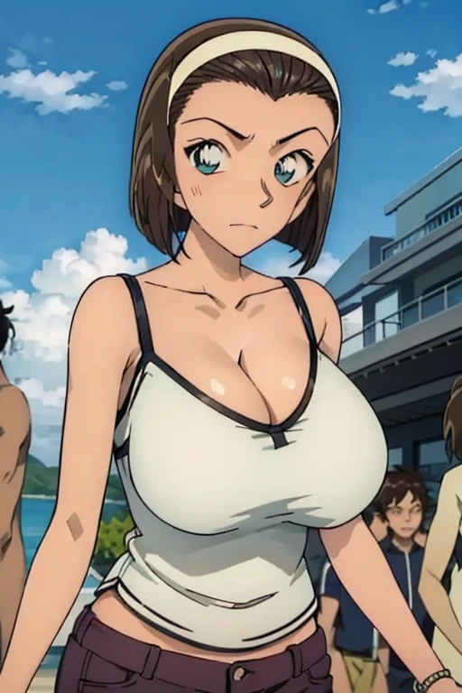 Looking into the camera、When I Look at You、lookatviewer、Anime Style、Eroge、1 Girl, (Huge breasts:1.1)、((Grey Tank Top T-Shirt、Dolphin Pants))、Low - Angle、Brown haired, hair band、Bob Hair、The forehead is visible、blush, bangs,,Round Breasts、smile、whole body、