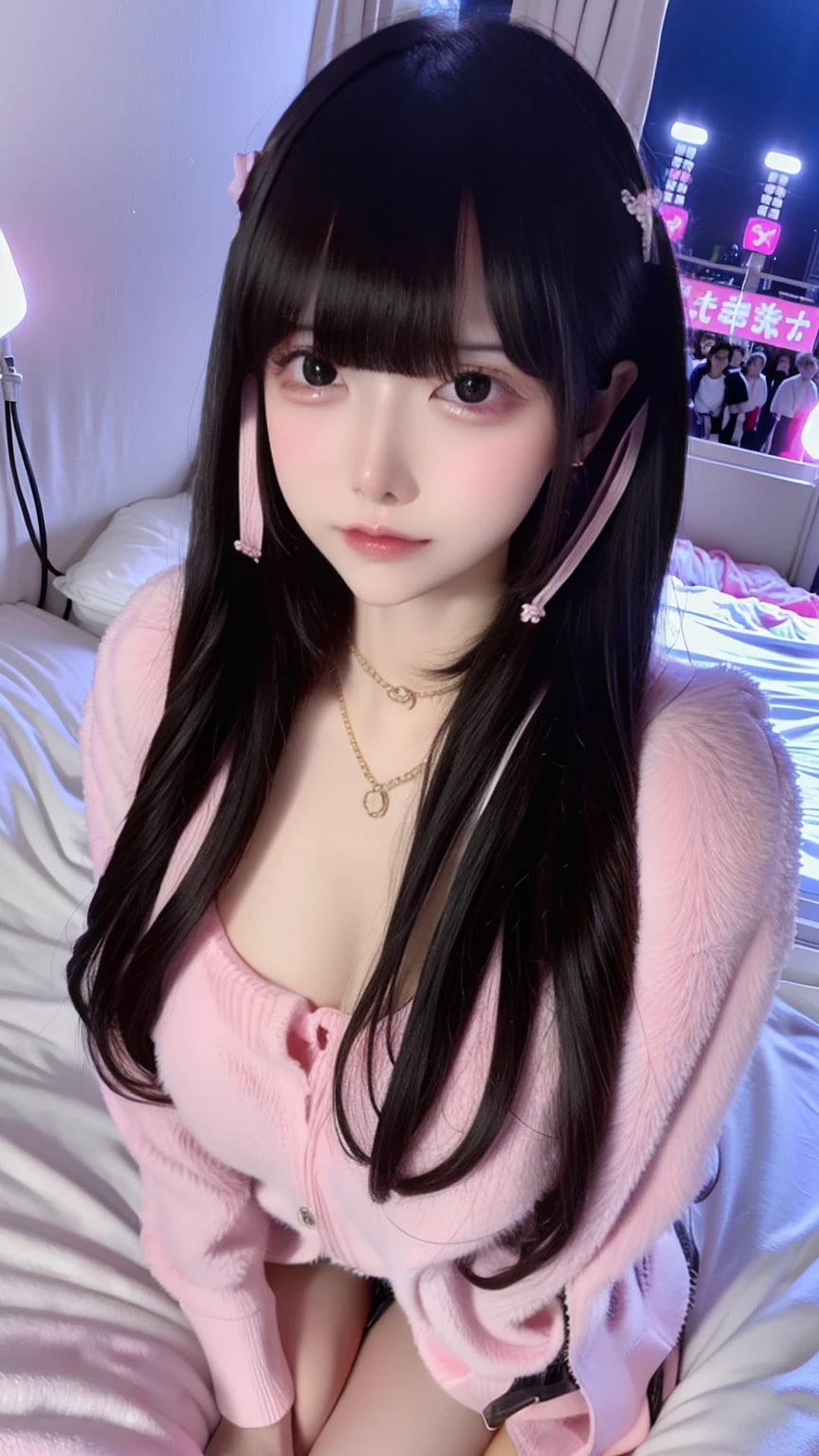 (Mega boobs:1.5), (((Safe and secure、CERO A、All ages、safety sensor、Absolutely safe、sfw:1.5, safety)))、
masterpiece、best quality、detailed、ultra quality、extremely detailed、hires、ultra hires、8k, 32k、Lighting that matches the atmosphere of the space、Detailed Background、Background Blur、Cute Girls、Teenage Girl、solo、One girl、From head to toe、
((Oily skin:1,5)), Oval Face, pore,Brighten your eyes with colored contact lenses、Long and lush eyelashes、Big cleavage、Absolute area、Long Hair Girl、Black-haired、Heavy bangs、
((Jirai Makeup:1.2,Sparkling under eyes), break、(Red eyeliner:1.1、Sparkly Makeup、Red glitter eye makeup)),break、(Fluorescent pink glossy finish々Gloss Lip:1.3), break、
(((All of these pajamas are made from super soft fleece material:1.8, Light-colored pajama dress type、Moe sleeves、Thick white horizontal stripes))), Dressed like a mess、relax、On a bed with a sense of life、Messy room、On a messy bed、(Blowjob gestures:1.5,Open-mouthed, flirtatious face:1.5)