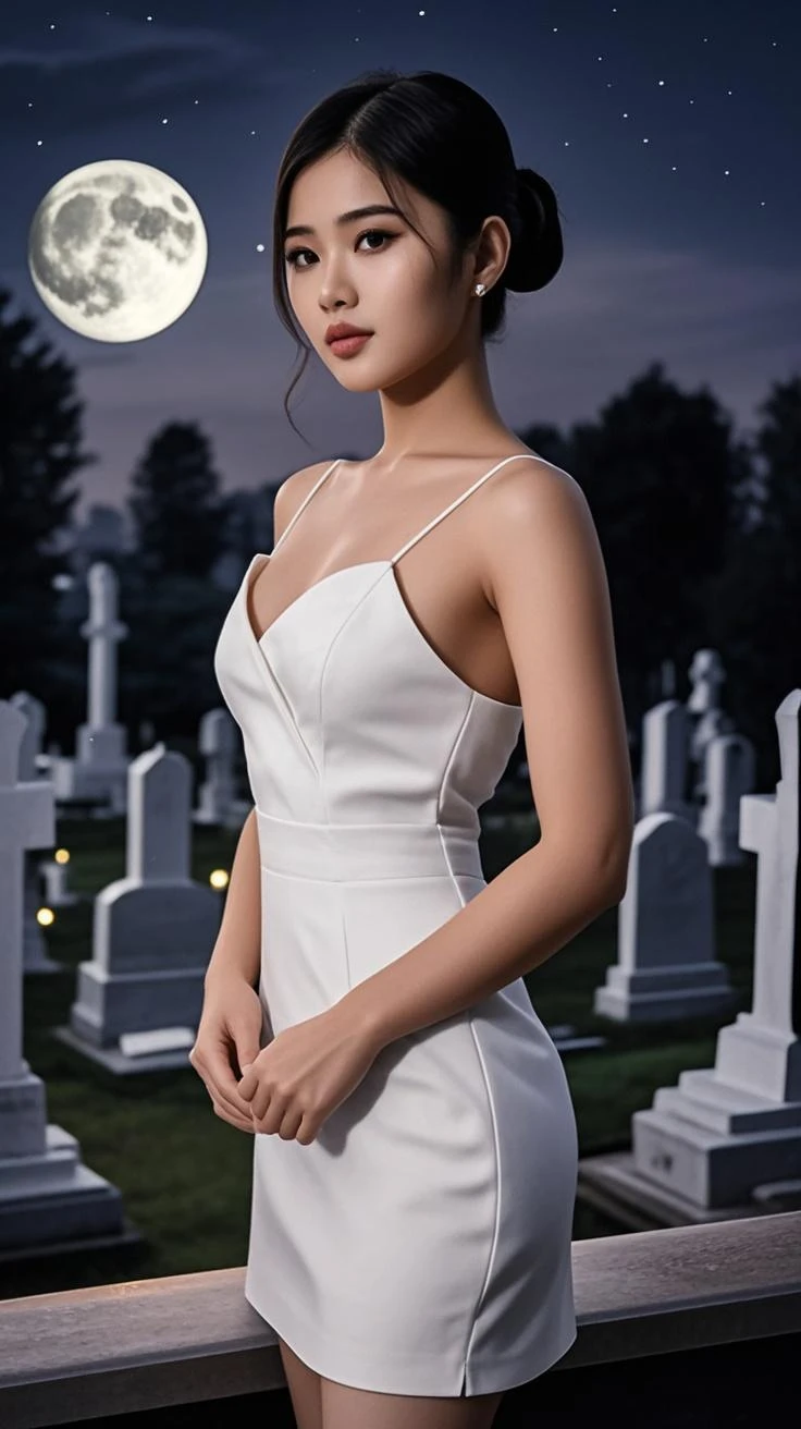 masterpiece, awesome, audience, reality, full body on camera, beautiful woman, naughty smile, seductive, long hair, hair covering one side of face, white transparent long dress, full body covering, super plump breasts, visible nipples, no bra, waist slender, big thighs, no underwear, shiny, sitting on a tree branch, in a cemetery area, at night, full moon is visible behind, cemetery beground