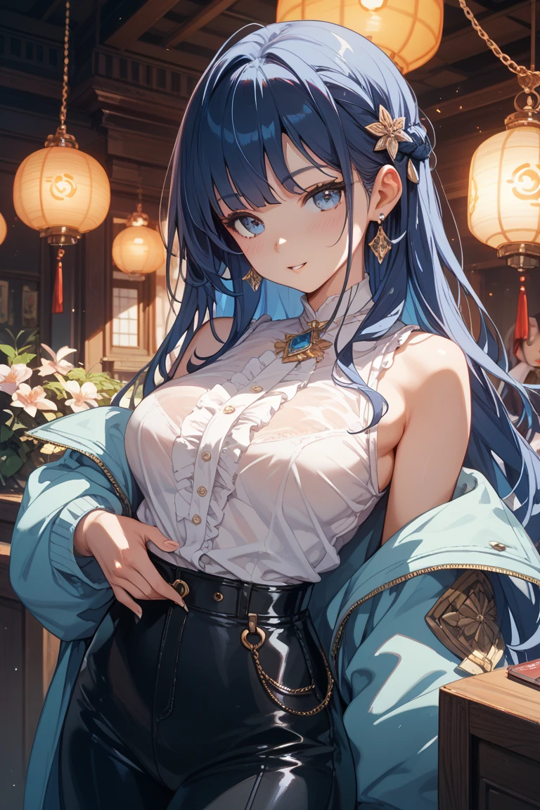 9,score_8_up,score_7_up,masterpiece,best quality,perfect anatomy,very aesthetic,official art,8k,shiny_skin,fair_skin,white_skin, Идет по Улице с Улыбкой,marydef, closed eyes, black hair, long hair, bangs, hair over shoulder, braid, streaked hair, blue hair, white hairband, blue sweater, turtleneck sweater, ribbed sweater, sweater dress, white jacket, long sleeves, crop jacket, armband, necklace, single glove, white gloves, large breasts