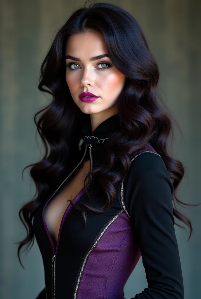 Gorgeous european woman with very long hair, hair in a ponytail with a fringe, wet hair, hair slicked back, combed straight back, slick hair, streaked black hair, seductive pose, sophia bush, dressed in a purple gypsey outfit, cleavage, solid dark grey background