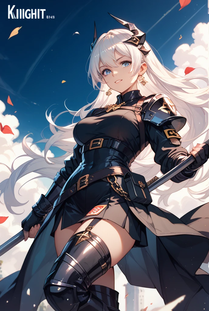 4k,High resolution,One Woman,Grey Hair,long hair,Braid,Green Eyes,Big Breasts,knight,Black high leg leotard armor,Black boots,Black gloves,Jewelry decoration,Big Japan sword,Medieval village