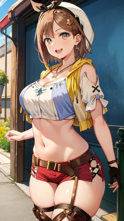 1 girl, ryza, atelier, alchemist, beret,  black shirt, white tank top, blouse, cleavage, collarbone, denim, denim shorts, jacket, long sleeves, ((open clothes)), open jacket, partially unzipped, blue jacket, shirt, short shorts, shorts, tank top, track jacket, unzipped, ((large breasts, big hips, tight clothes, cleavage, looking at the viewer)), (abs:0.8), BLUSHED, UNDERBOOB (realistic:1.2), (realism), (masterpiece:1.2), (best quality), (ultra detailed), (8k, 4k, intricate),(85mm),light particles, lighting, (highly detailed:1.2),(detailed face:1.2), (gradients), colorful,(detailed eyes:1.2),(detailed background),detailed landscape, (dynamic angle:1.2), (rule of third_composition:1.3), (Line of action:1.2)