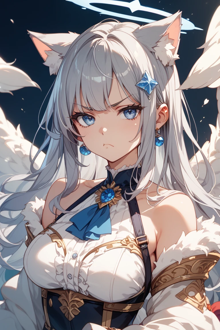 white hair,1girl,long hair,solo,black background,looking at viewer,closed mouth,bangs,simple background,wings,blue eyes,score_9,score_8_up,score_7_up,<lora:hrn_yc_XL_PONY:0.9>,