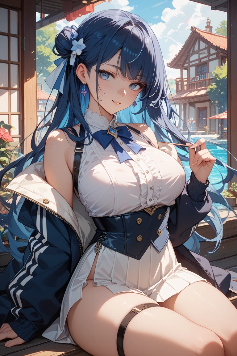 おしり、In underwear、Blue Bra、Blue Panties、Panties in full view、In underwear、 1girl, utsumiericeFA,long sleeves, bare shoulders, jewelry, puffy sleeves, necklace,, streaked hair, blue ribbon, puffy long sleeves,magatama,