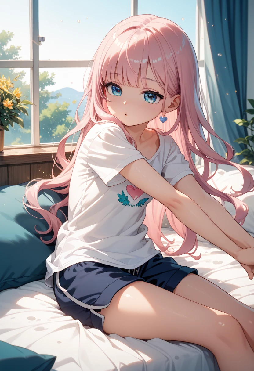 master piece、Highest image quality、highest quality、 glossy hair quality、Super detailed and beautiful bright eyes、Super detailed clear and beautiful face、((embarrassed expression))、(cute illustration:1.2), High-resolution, ultra-detailed, best quality, embarrassed, in my room, Underwear visible through the gap in shorts、sitting