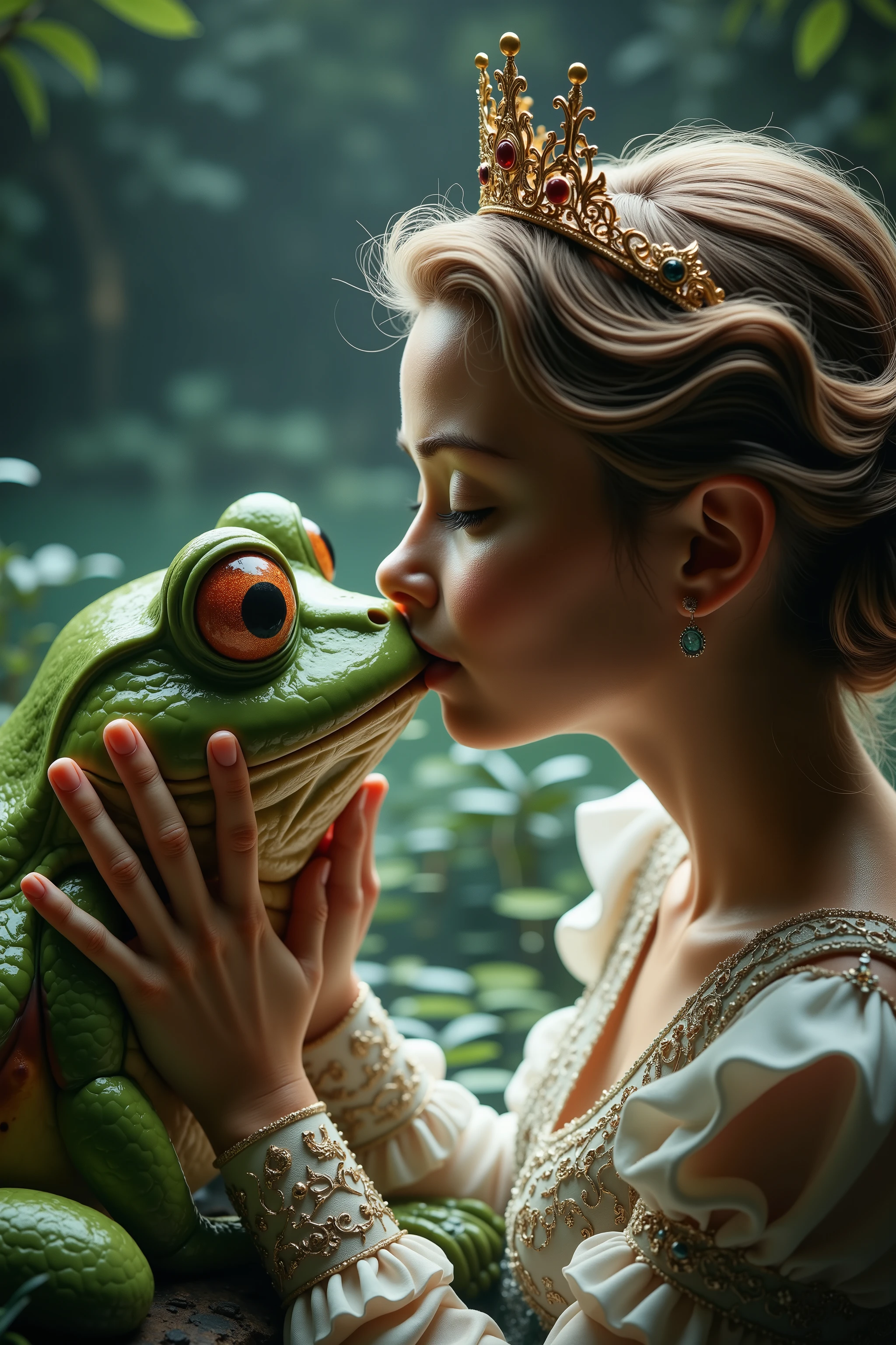 A princess kisses a frog to turn him into a prince. Ultra-realistic, hyperrealistic, photorealistic, UHD, attention to detail, cinematic photography, cinematic portrait, portrait photography, cinematography, realism ,best quality,award winning, masterpiece.