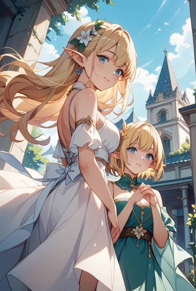 beautiful woman,folk girl,Blonde with blue eyes,twisted,Wearing a strapless wedding dress without straps.,countryside,countryside,beautiful scenery,European Middle Ages,smile with teeth,forehead,forehead exposed,big ,rift, (Elf Princess),(2 young women ,beautiful woman)