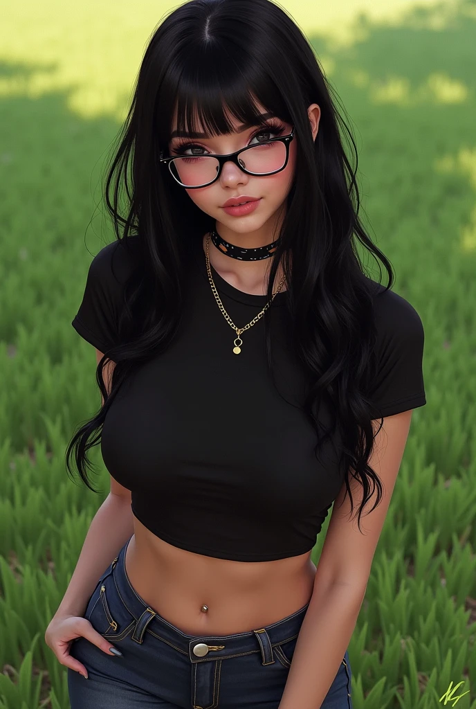 Beautiful crotch woman sssniperwolf with glasses and choker necklace and black crop top tshirt and tight jeans thick_thighs standing in a lawn with bang hair masterpiece, best quality