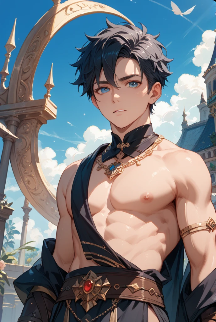 1boy, indian decent, black soft waxy hair, masterpiece, 6 pack abs, angled jaw, handsome, wide shoulder, 