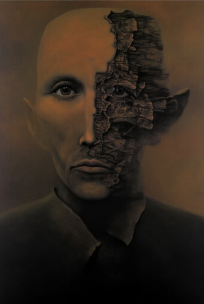 Person with a cracked face and a blindfold 
