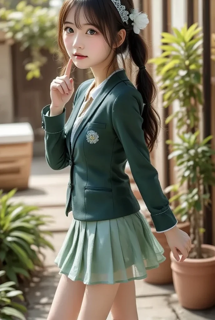 masterpiece、highest quality、8K、Japanese、10 years old、Full body portrait、An attractive and well-groomed face、beautiful girl、Flat chest、(uniform:White and green)、Full body description、Well-formed eyes、sit、An attractive and well-groomed face、Detailed eyes、Detailed nose