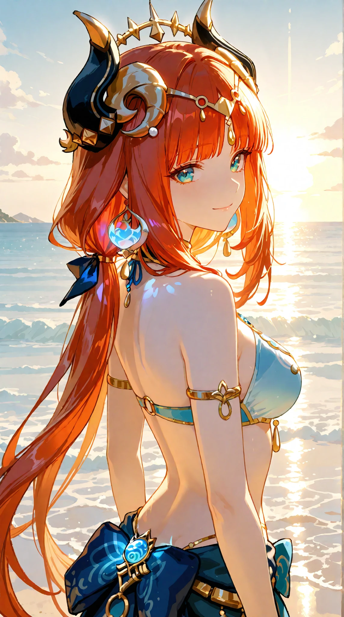 Adult female,long red hair, blue eyes,hourglass body figure, bikini