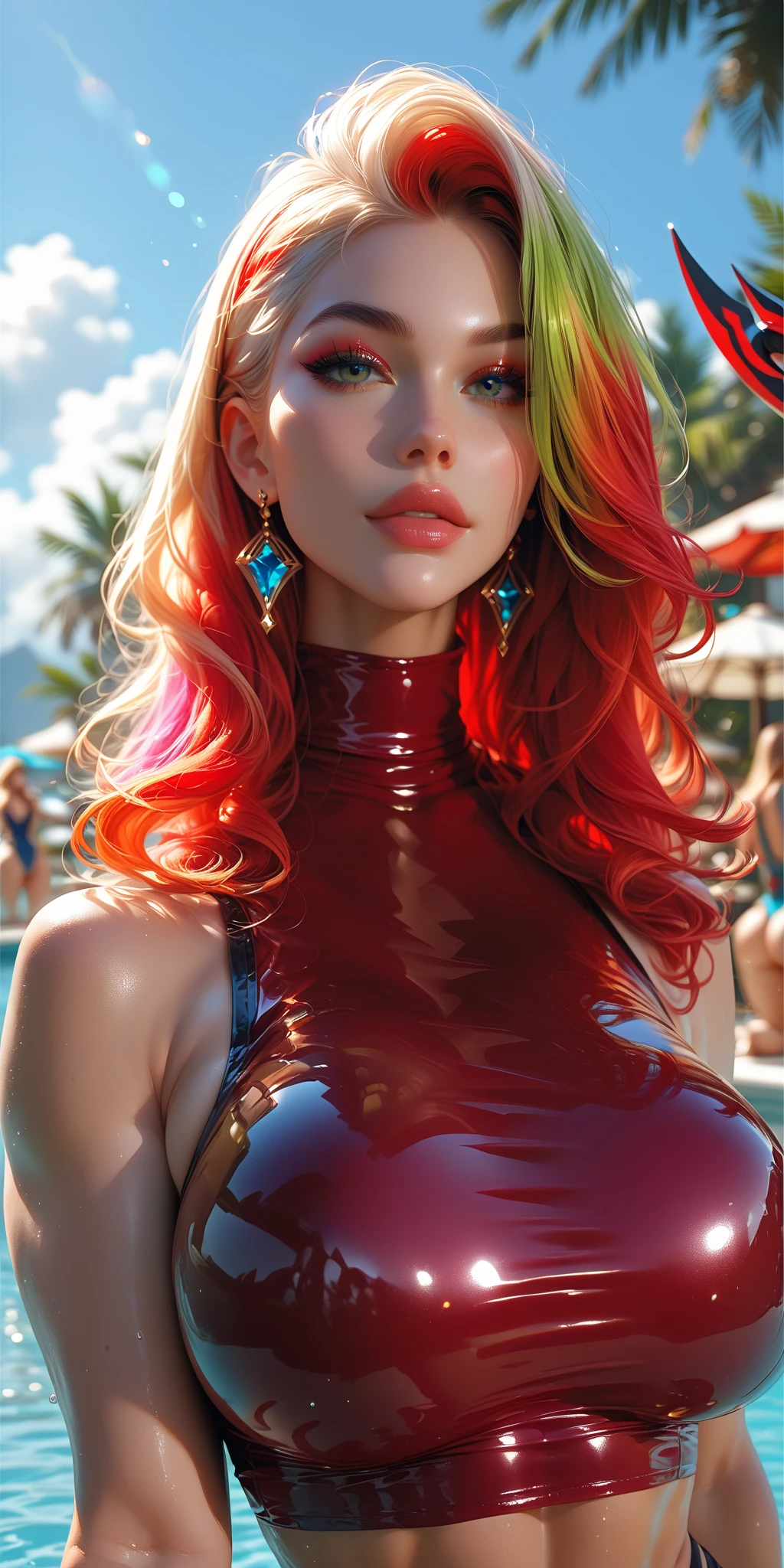 low angle photo of a gorgeous 25 year old woman, blue eyes, healthy, clean skin texture, small, big lips, little noose, sexy, wearing, red lace dress and black corset, (red long hair in ponytail), redhead, ginger hair, insanely detailed eyes, large perky breasts, (perky breasts), perky, 2/3 body crop, 8 mm art lens, f 1. 1, sharp focus, 8 k high definition, insanely detailed, photo realistic, small waist, long neck, long lash, full lips, big lower lip, pink lips, firm breast, firm pushup, push up, firm chest, posing outside in the sunset, lean muscular body, (85% body uncovered, 15% body covered)
