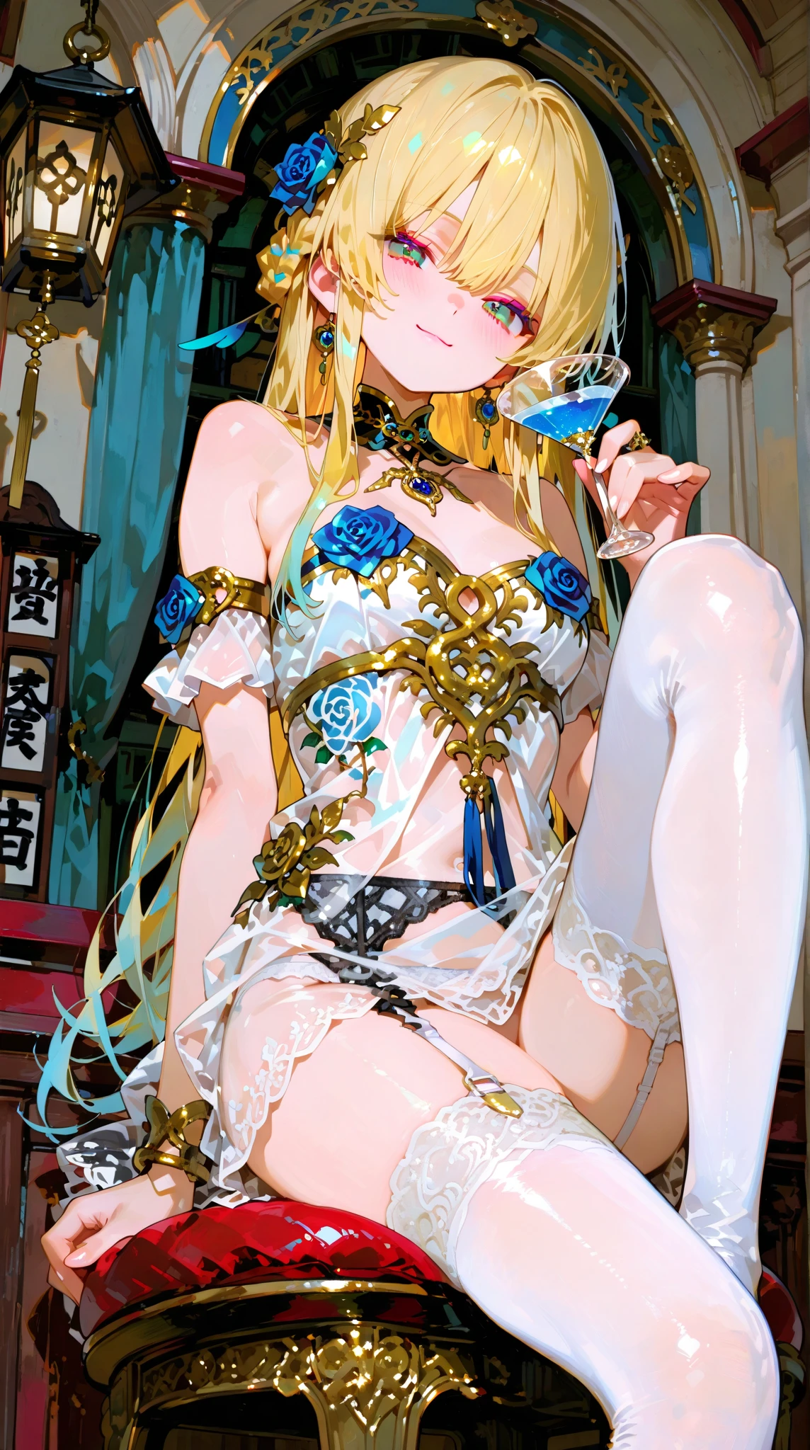 Combat Medicine, Mature Woman, One girl,Hands Arms Above Head, Blonde Hair, Official Alternative Costumes, blue eyes, Armband,View Viewer, Colorful clothes, Alternative hairstyle, (masterpiece:1.4),(highest quality:1.4) Bikini Big