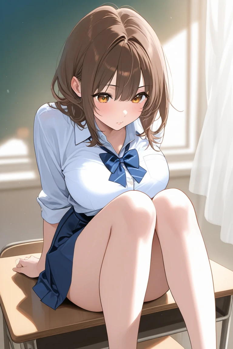 (Masterpiece, highest quality, high resolution, realistic photo, realistic looking skin:1.1),
(The woman is sitting with her buttocks on the bed, both knees up and both knees held together:1.8), 
(The woman's body is facing directly toward us and her panties are visible:1.8),
(glimpse of panties: 1.5),
(She has a smirking smile on her face:1.5),
(She is wearing a navy blue skirt suit with a tailored jacket and mini skirt:1.5), 
(She is wearing a plain white collarless U-neck T-shirt as an inner layer: 1.5),
(Her legs are bare: 1.5),
(She is an E cup: 1.8),
(Her panties are white with a pattern: 1.5),
(She has medium brown hair: 1.8),
(Location: apartment living room:1.5),
1 Japanese girl, solo, full-bodied esbian, beautiful eyes, glowing eyes, glowing thighs, NSFW