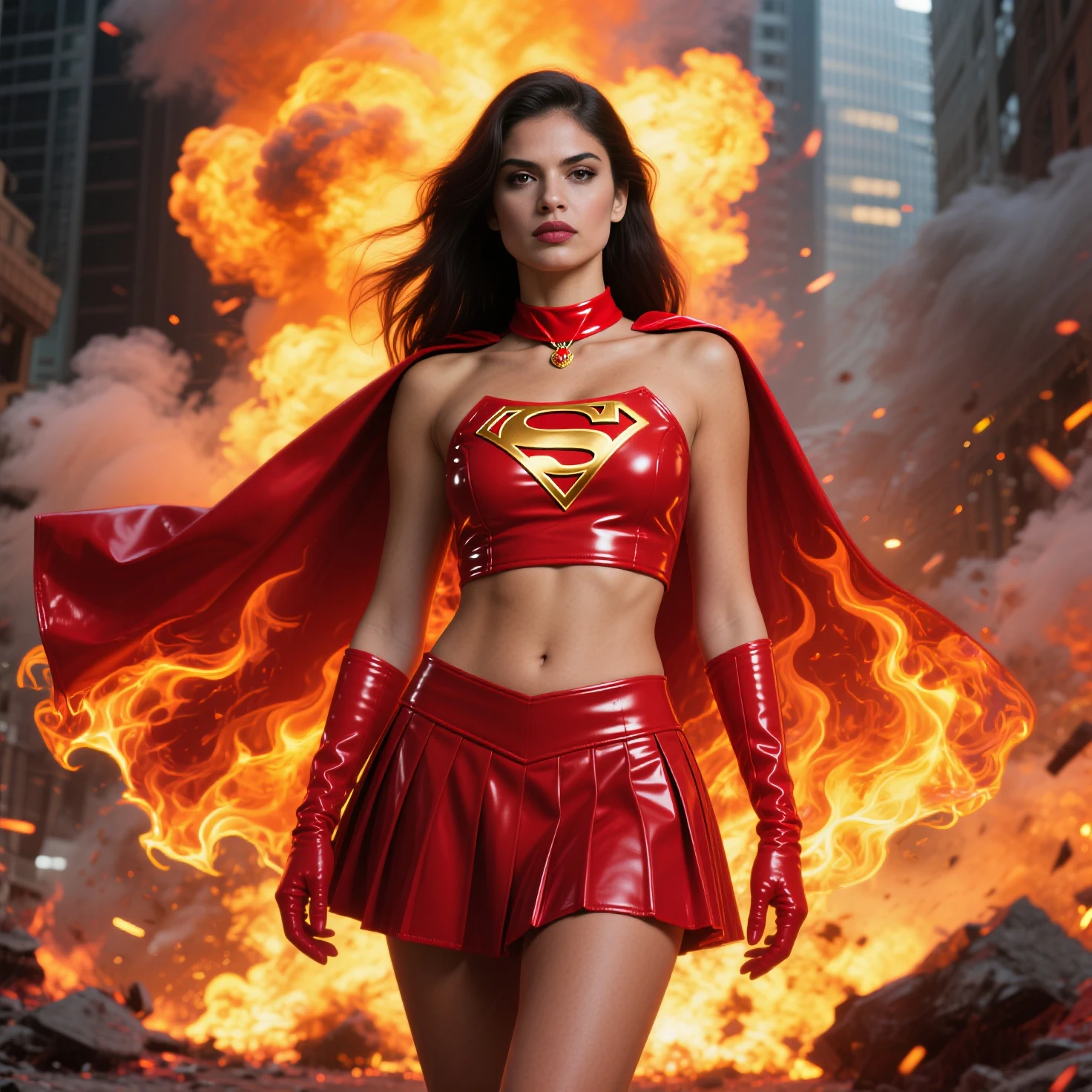 motor irreal:1.4,CG ultra realista K, fotorrealista:1.4, textura de la piel:1.4, obra maestra:1.4,posing behind Beautiful woman in a Superman costume standing in front of a fire apocalyptic city, mostrando vientre plano,red miniskirt, ,beautiful fine hands,