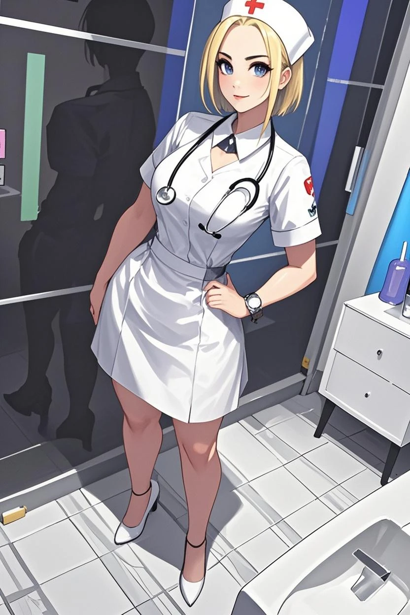 1girl, solo, nurse, nurse cap, white wear, ((white legwear, zettai ryouiki)), white gloves, blonde hair, blue eyes, ((white surgical mask, covered nose)), standing, ((hospital room)), sharp outline, short sleeves, best quality, masterpiece