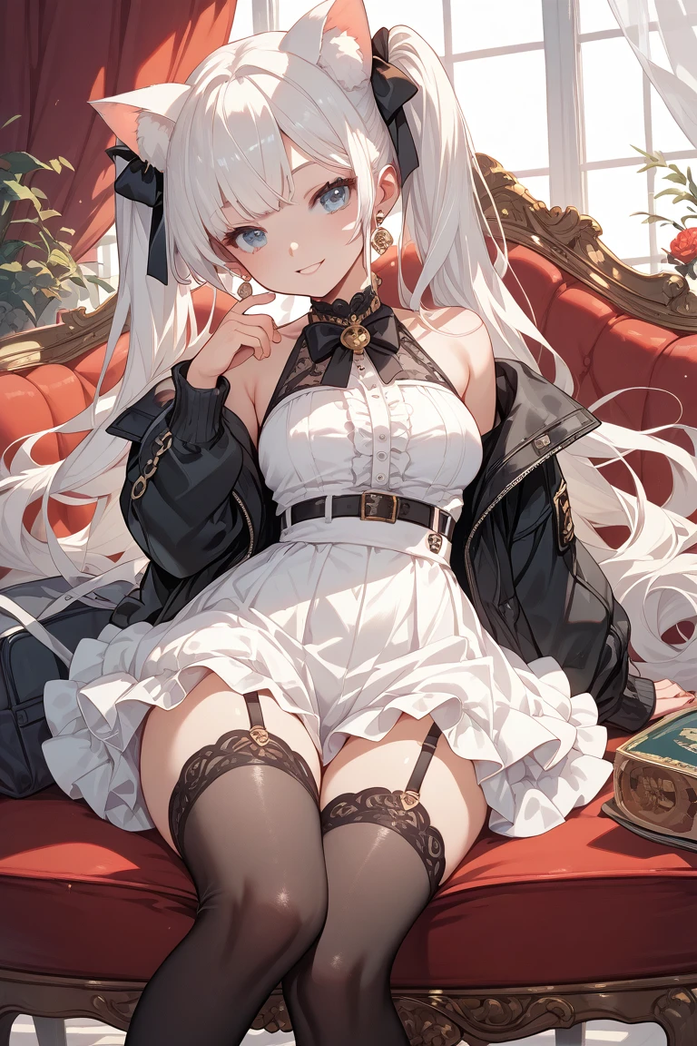 black dress, 1girl, breasts, solo, , red eyes, white hair, gold hairband, gloves, large breasts, black thighhighs, boots, fingerless gloves, hairband, cleavage, hair ornament, black gloves, flower, hair flower, knife, full body,, thigh boots, , sidelocks, sitting, rose, earrings, long hair, looking at viewer, black footwear, chair, bangs, blush, closed mouth, gold earrings, high heel boots,, indoors,from above, <lora:YorBlackDress:0.8>,