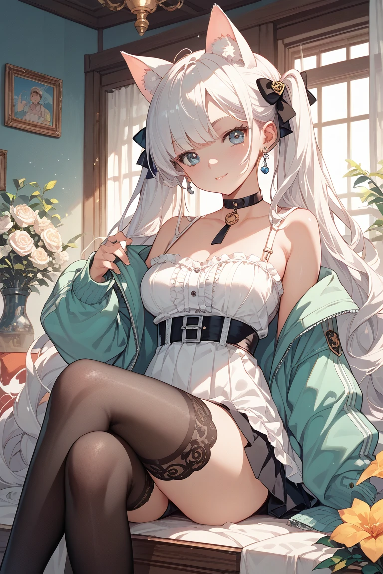 （Sit in a chair and cross your legs）（long straight blonde hair）（Silver hair blue eyes）Girl with、beautifly、thinly、Flat、tall、1人は長い髪、Ladies、（（Black sheer blouse、Black miniskirt））、Underwear bite、sexypose、Lower body slender、back view、Look at the window、1つ突き出す's buttocks、Buttocks facing this way、Provocative