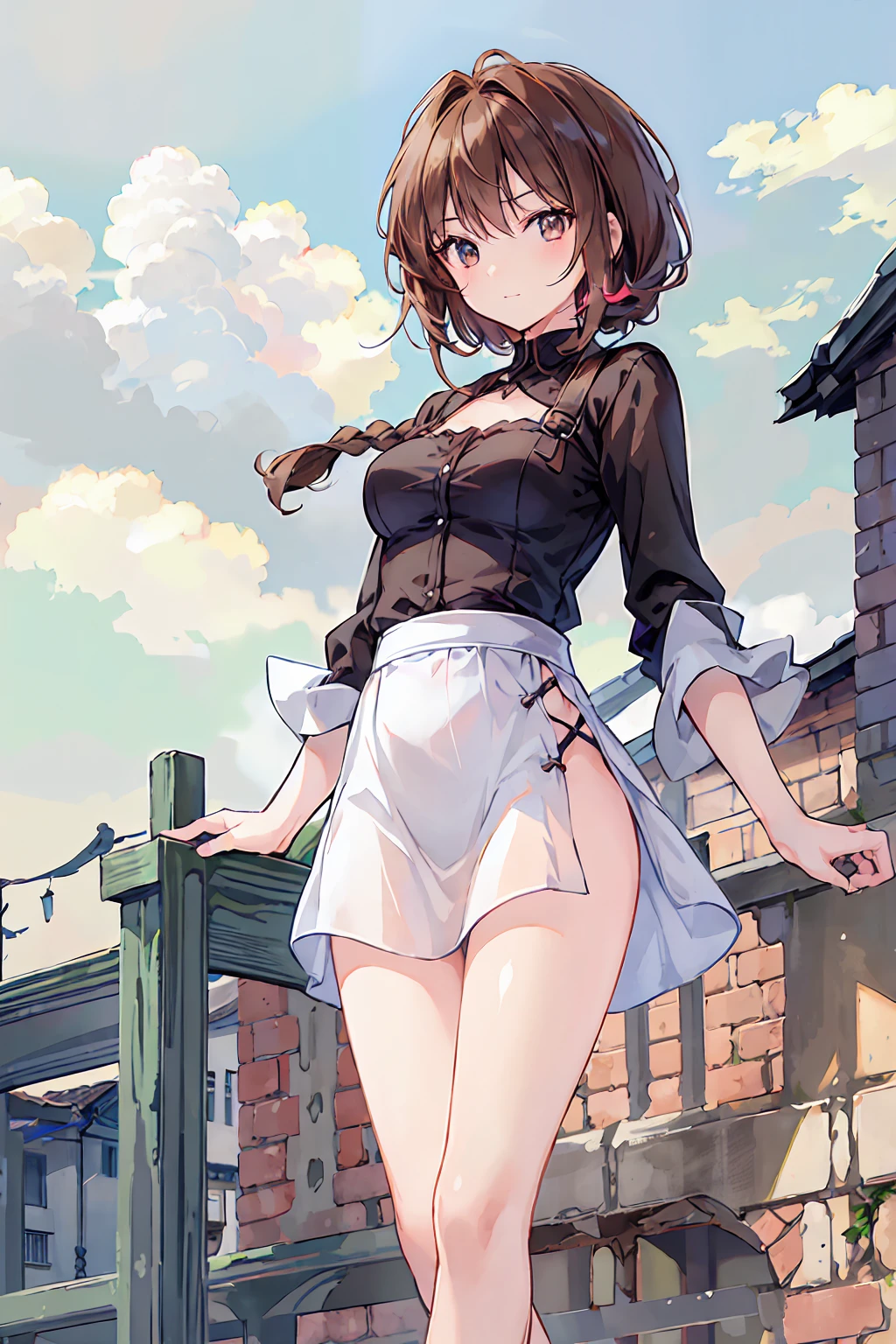 Highest quality, 1girl, solo, brown hair, brown eyes, large breasts, white top, black apron, thigh highs, thick thighs, wide hips