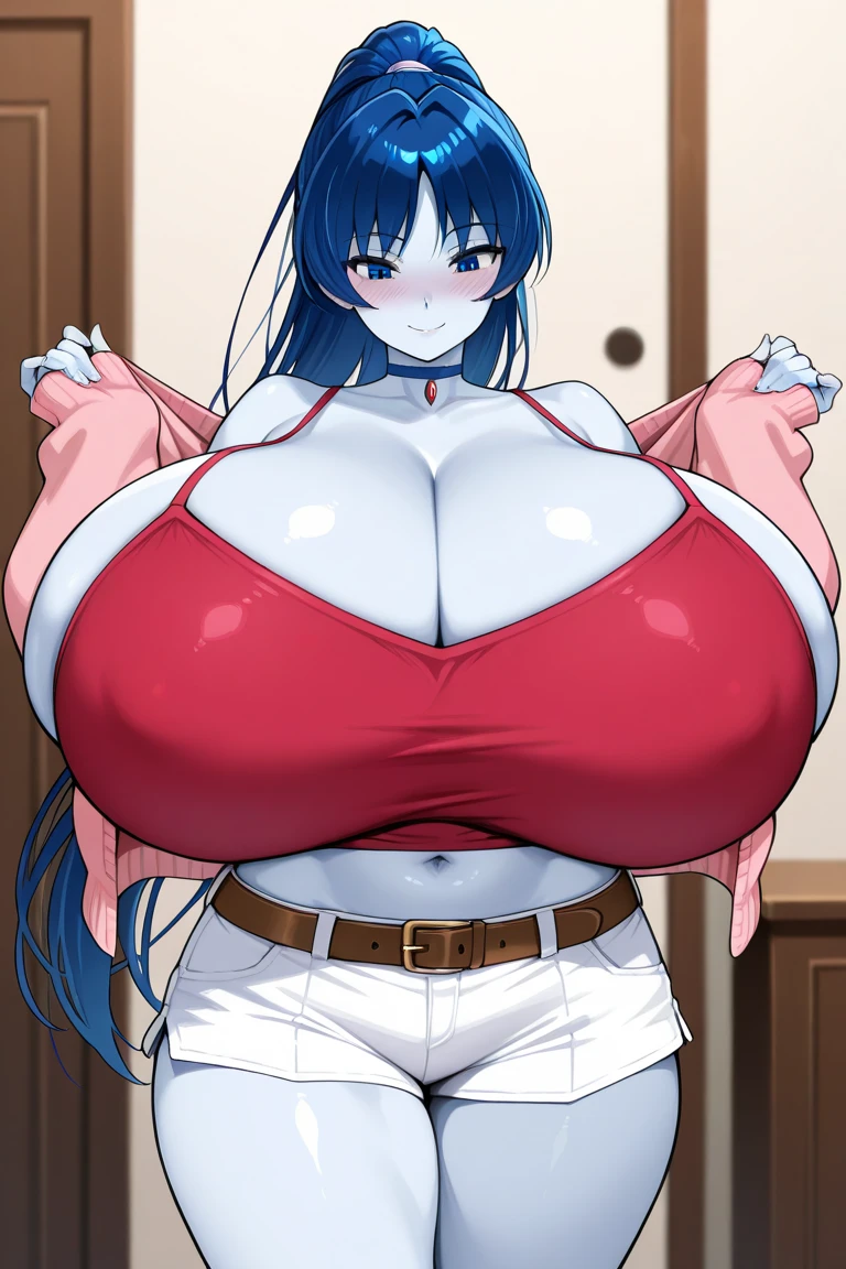 masterpiece, best quality, ((looking at viewer)), ((({(very detailed
Esdeath, 1girl, solo, long_hair, breasts, large_breasts, hat, cleavage, upper_body, choker, uniform, military, military_uniform, tattoo, black_choker, peaked_cap, military_hat, chest_tattoo, photo_background)}))), ((gigantic breasts)), ((gigantic cleavage breasts))，((Cleavage is seductive)), ((super gigantic breasts:1.5)),（Super wide breasts：1.5), (Masterpiece: 1.2), (Super Detail), (Best Illustration), (((breasts are about to burst))), (solo), (solo girl), (((Her ample breasts spilling out))), (((barely-fitting outfit))), (curvy:1.5), (breast grab), breast expansion, breast growth, naughty face, ((sitting on a bed)), naughty face, smirk, blushing, ((almost popping buttons)), ((tight buttons)), ((side boob)), ((sitting on a bed)), ((breast grab)), (Masterpiece, Best Quality, High Quality:1.4), professional artwork, Intricate Details, field of view, sharp focus, detailed painting, photorealistic lighting, trending on pixiv, (vivid lighting, vibrant colors:1.05), realistic shadows, ambient occlusion, solo, small, indoors, misaligned bra, t-back, (reach: 1.2), lying down, from above, arms outstretched, smile, bed, rough breath, sexual expression invite, (large breast:1.4), [[delicate fingers and hands:0.55]::0.85],(detail fingers), (perfect hands, 5 fingers),