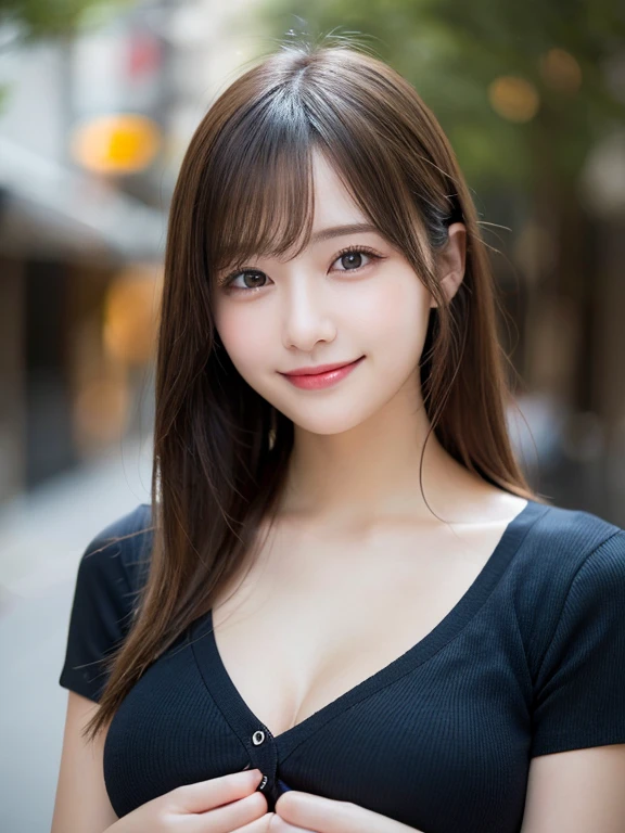 Tabletop, highest quality, Photorealistic, In detail, High resolution, 8k wallpaper, Perfect dynamic composition, Beautiful fine details, Medium Straight Hair, Random sexy poses,Random Situation、Light black tight knit shirt、(Beautiful Breasts 1.3)、Big smile、Bokeh、nature、Age 25、(Droopy Eyes 1.3)、Adult Beauty、Japanese