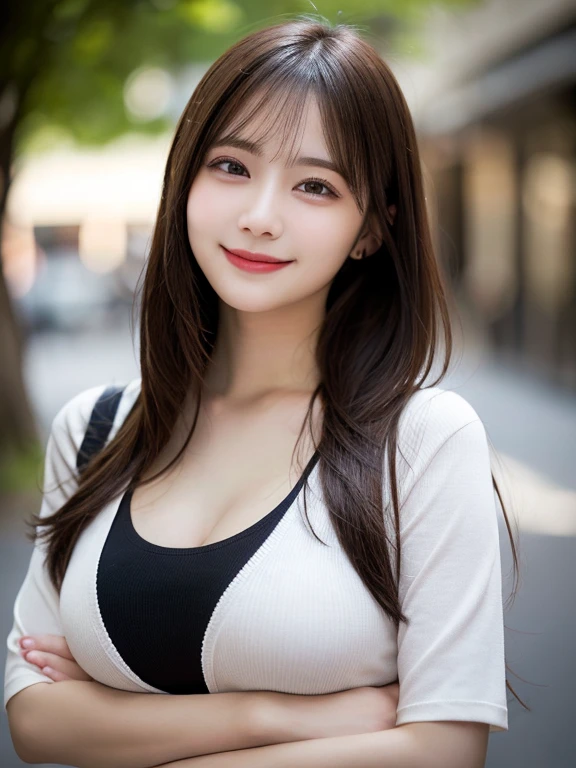 Tabletop, Highest quality, Realistic, In detail, High resolution, 8k wallpaper, Perfect dynamic composition, Beautiful details, Medium Straight Hair, Random sexy poses,Random Situation、Light black tight knit shirt、(Beautiful breasts 1.3)、Big smile、Bokeh、nature、Age 25、(Droopy Eyes 1.3)、Adult Beauty、Japanese