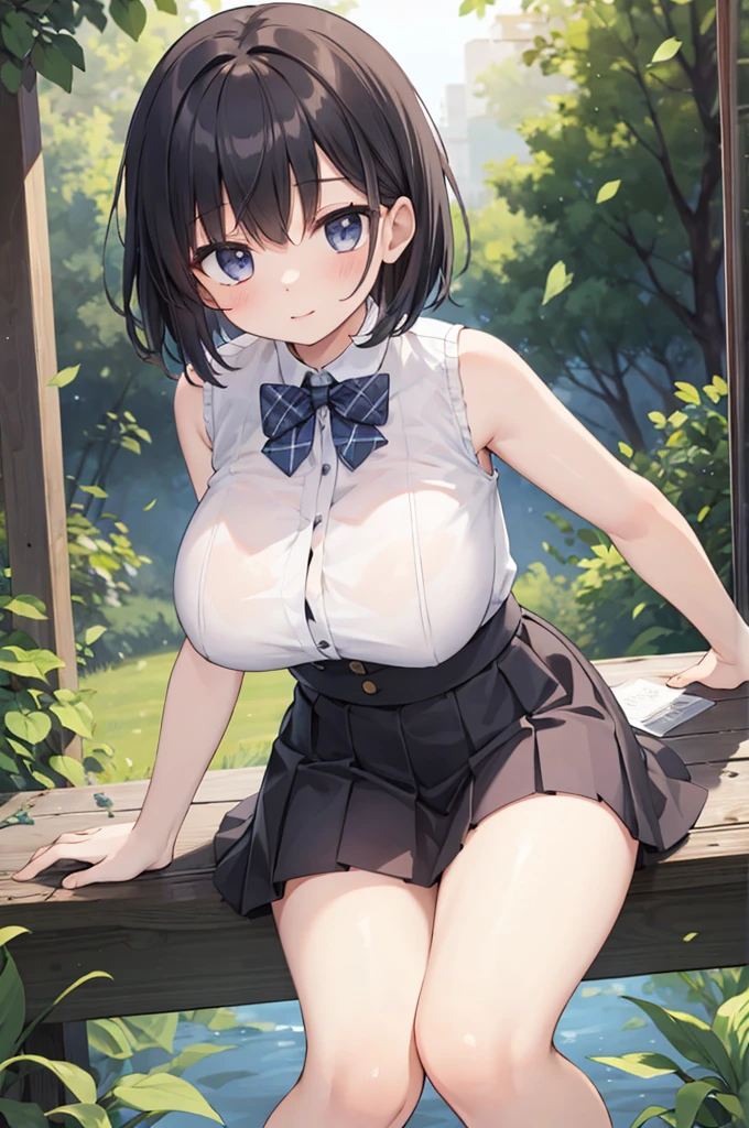 One Girl、positive、From above、Full body portrait、Brown haired、Medium Haircut、blush、Absolute area、Knee socks、stockings、Black knee-high socks、White underwear、Cleavage、Light blue cut shirt、Unbutton your shirt、Shirt buttons fly off、Navy blue checkered pleated skirt、Very short skirt、garden、Daytime、(Very large breasts)、((Lesbians all over))、masterpiece、(Highest quality)、Panties around the ankles、loafers、The wind blows up my skirt、Knee socksのバイブレーター、A man in a suit is lying face up on the ground、Straddles a man's face