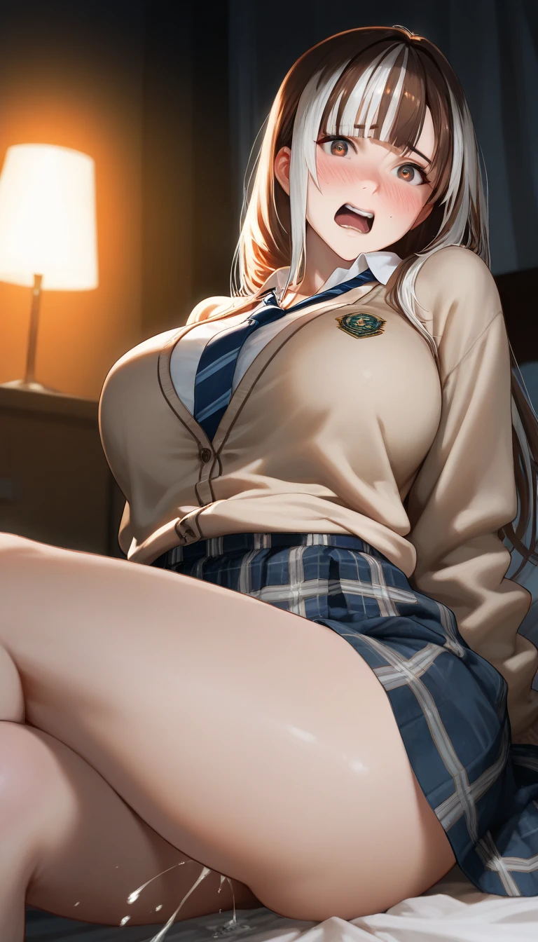 seductive anime girl, [ 4 k digital art ]!!,ultra realistic picture, overdetailed art, 8k high quality detailed art,curvy gyaru,dress shirt,short skirt,blonde hair,(tanned skin:1.4),cleavage,loose socks,lying on bed and spreading legs widely,(pussy focus),(sweaty),smile,peace sign,(pubic hair),mascara,revealing clothes,humid,(cum in pussy,creampie:1.1),